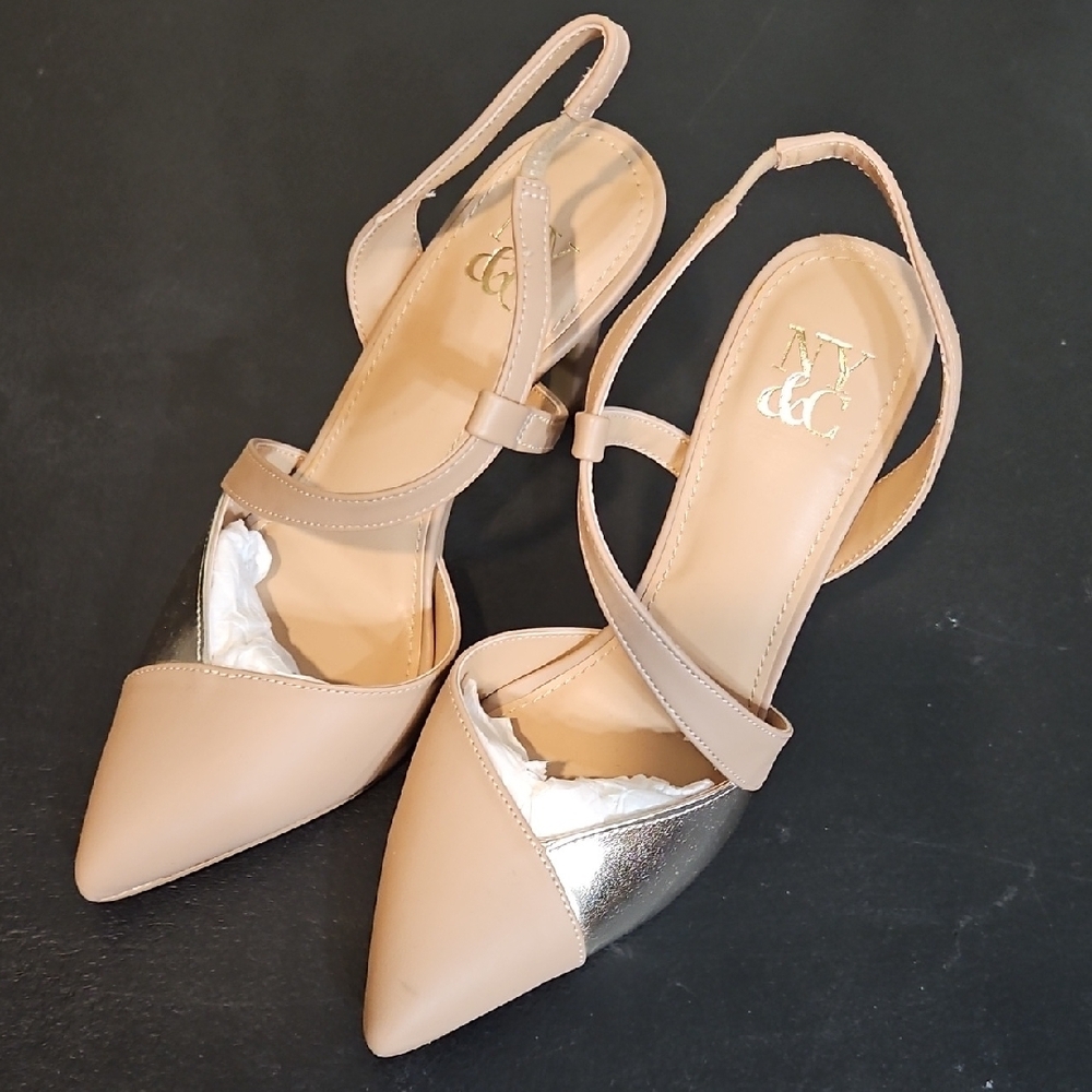 New York & Company Tan and Silver Slingback Heels with Pointed Toe 002